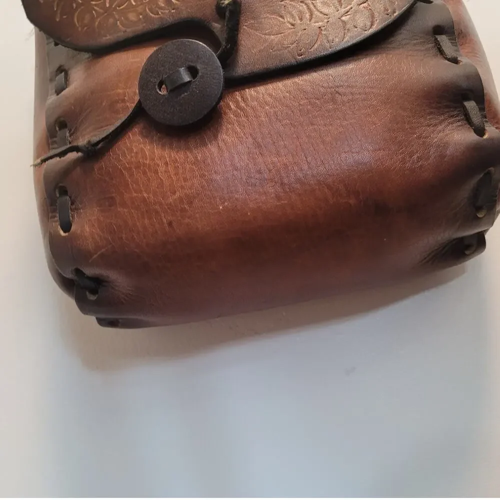 Seventies Tooled Leather Brown Shoulder Bag Boho Folk Charm Wanderer Retro Style